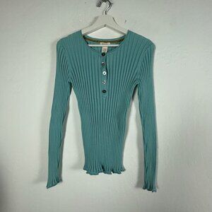 Sundance Womens Teal Ribbed Long Sleeve Henley Top Large Organic Cotton Stretch